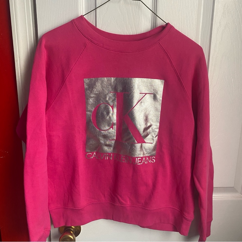 Calvin Klein Jeans Hot Pink Silver Metallic Logo Sweatshirt